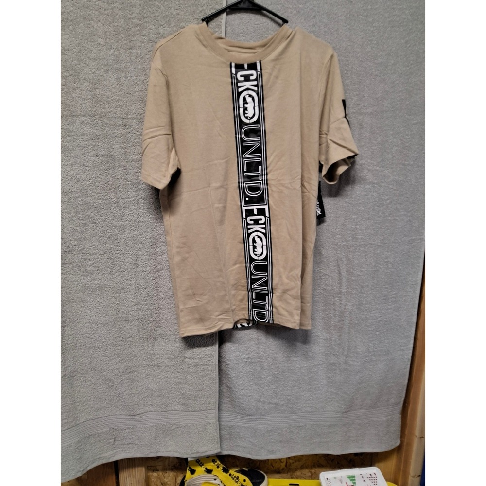 Ecko Unltd Mens T-Shirt Taupe Vertical Logo Tape Graphic Tee New M   (b 4